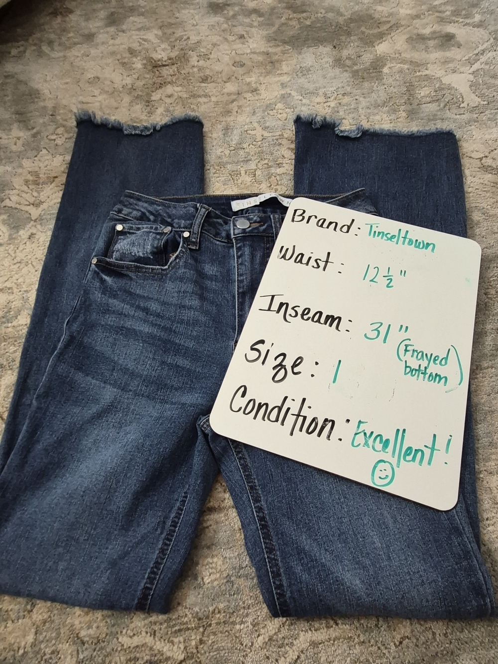 Tinseltown Women’s Dark Blue Straight Leg Jeans with Frayed Hem